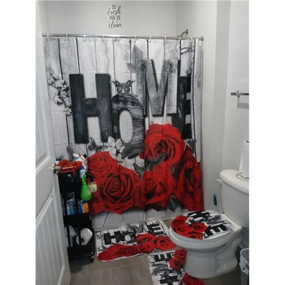 Red Rose 4 Pcs Shower Curtain Sets Non-Slip Rugs Bath Mat Toilet Cover